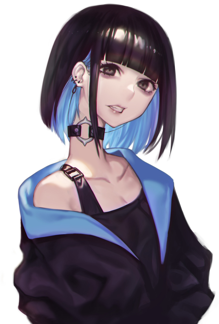 1girl absurdres black_choker black_eyes black_hair black_jacket black_shirt breasts choker cleavage doku-chan_(dokkudokudoku) ear_piercing fang highres jacket long_neck looking_at_viewer multicolored_hair open_clothes open_jacket original parted_lips piercing shiny shiny_hair shirt short_hair simple_background small_breasts solo teeth two-tone_hair white_background