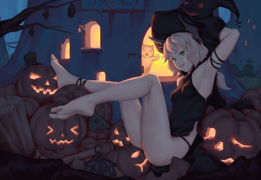 &gt;_&lt; 1girl armband armpits bare_legs barefoot bat bigrbear blonde_hair blue_eyes branch breasts camisole commentary_request from_side green_eyes halloween hat highres horns hut jack-o'-lantern looking_at_viewer looking_to_the_side night original outdoors pumpkin small_breasts smile solo tombstone witch_hat
