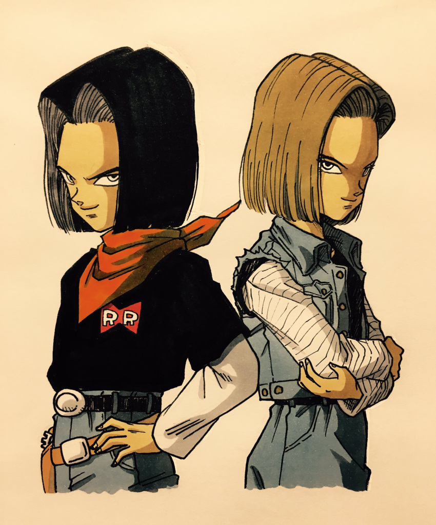 1boy 1girl android_17 android_18 back-to-back belt black_hair black_shirt blonde_hair brother_and_sister crossed_arms denim denim_skirt dragon_ball dragonball_z eyelashes fanny_pack fingernails frown hand_on_hip highres horizontal_stripes jeans lee_(dragon_garou) light_smile long_sleeves neckerchief orange_neckwear pants red_ribbon_army shaded_face shirt short_hair siblings simple_background skirt standing striped twins upper_body waiscoat white_background