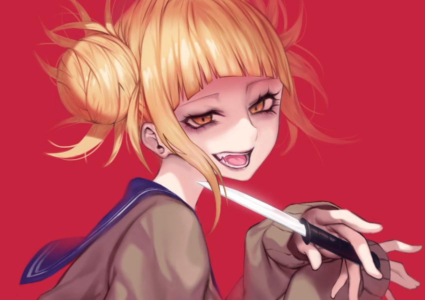 1girl absurdres blonde_hair blue_sailor_collar boku_no_hero_academia copyright_request doku-chan_(dokkudokudoku) eyelashes fangs hair_bun highres holding holding_knife jacket knife long_sleeves looking_at_viewer makeup mascara open_clothes open_jacket red_background sailor_collar simple_background solo toga_himiko tongue upper_body yandere yellow_eyes