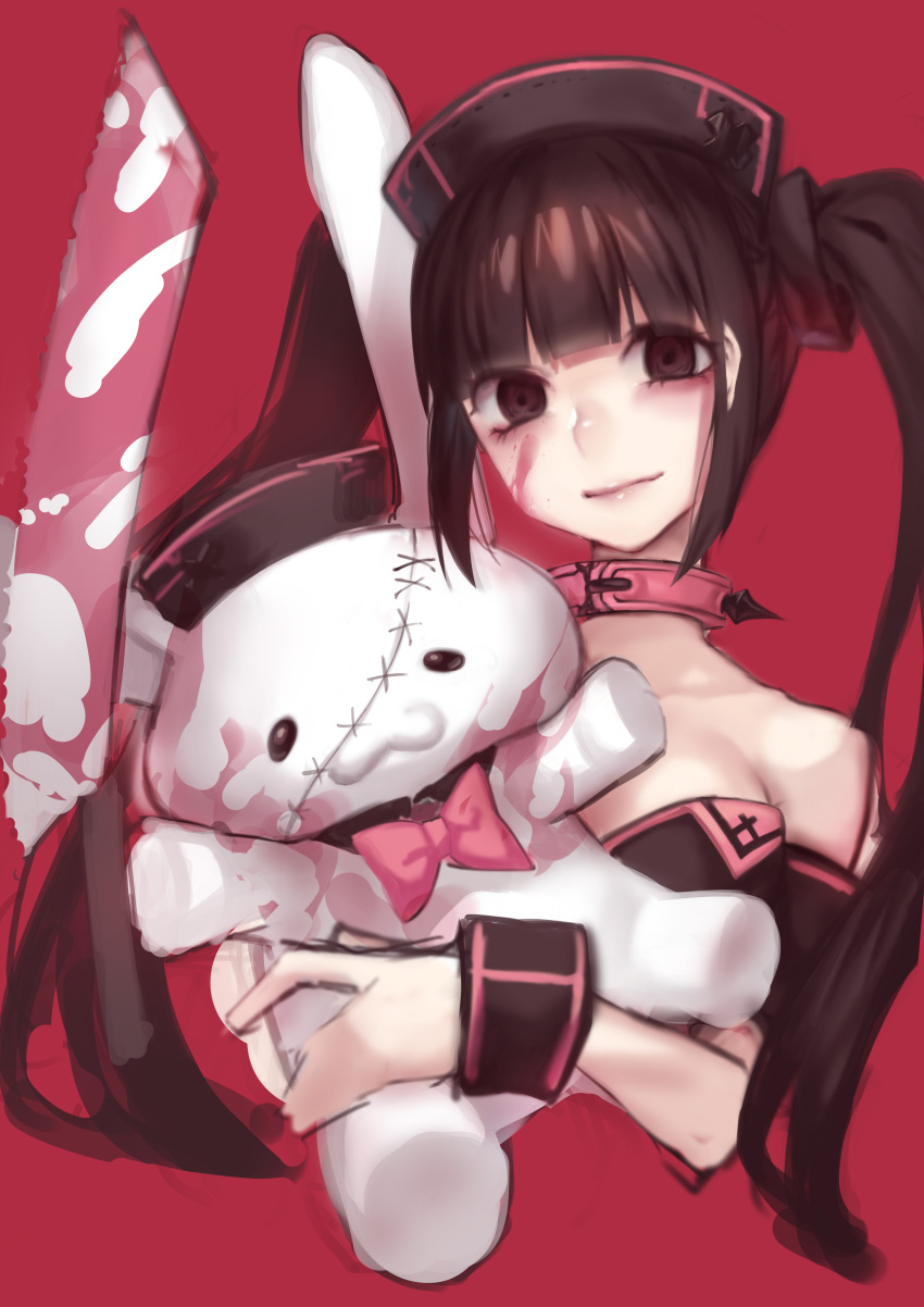 1girl absurdres black_eyes black_hair black_hat bow choker closed_mouth cross doku-chan_(dokkudokudoku) hat highres long_hair looking_at_viewer original pink_bow pink_choker red_background simple_background solo spiked_choker spikes stuffed_animal stuffed_bunny stuffed_toy twintails