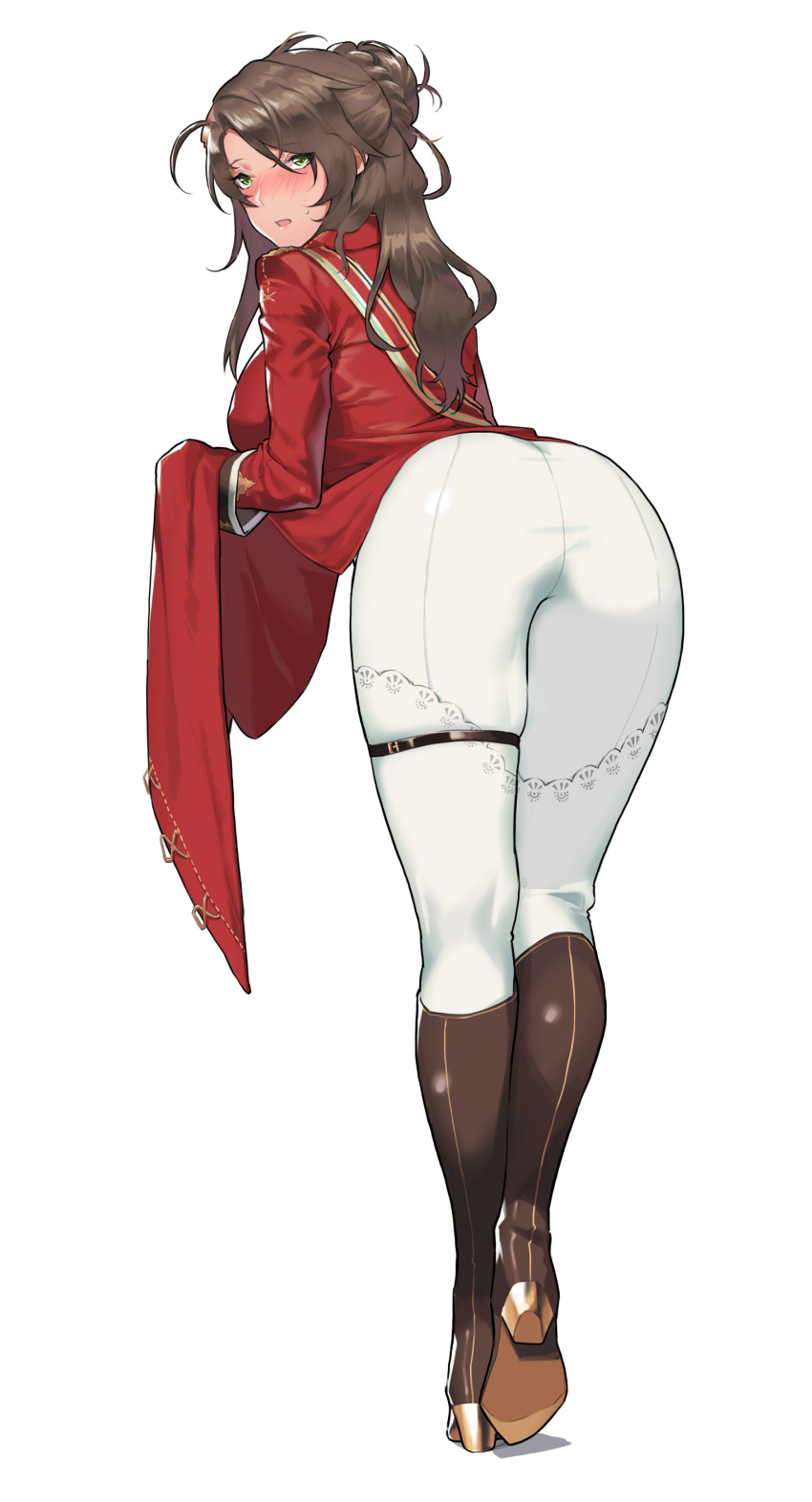 1girl absurdres ass bent_over blush boots breasts brown_hair clothes_lift girls_frontline green_eyes highres knee_boots large_breasts lee-enfield_(girls_frontline) long_hair looking_at_viewer looking_back mimyo pants simple_background solo uniform white_background