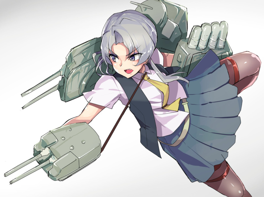 1girl adapted_turret amorphous asymmetrical_hair bangs black_vest blouse brown_legwear cannon flipped_hair gloves gradient gradient_background grey_eyes grey_skirt highres kantai_collection loafers machinery necktie nowaki_(kantai_collection) open_mouth pantyhose pleated_skirt shoes silver_hair skirt solo swept_bangs turret vest white_background white_gloves yellow_neckwear