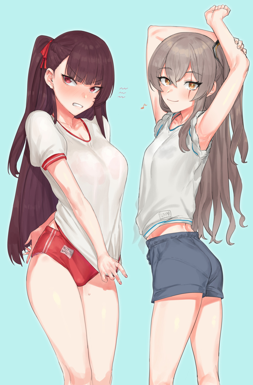 2girls absurdres alternate_costume arms_up bare_shoulders black_shorts blush breasts brown_eyes brown_hair buruma clenched_teeth commentary_request cowboy_shot embarrassed eyebrows_visible_through_hair from_side girls_frontline gym_uniform half_updo highres light_smile long_hair looking_at_viewer medium_breasts multiple_girls musical_note name_tag one_side_up panties pink_panties purple_hair red_buruma red_eyes scar scar_across_eye shirt shirt_tug short_sleeves shorts simple_background sleeves_rolled_up small_breasts spoken_musical_note suisogenshi teeth thighs ump45_(girls_frontline) underwear wa2000_(girls_frontline) white_shirt