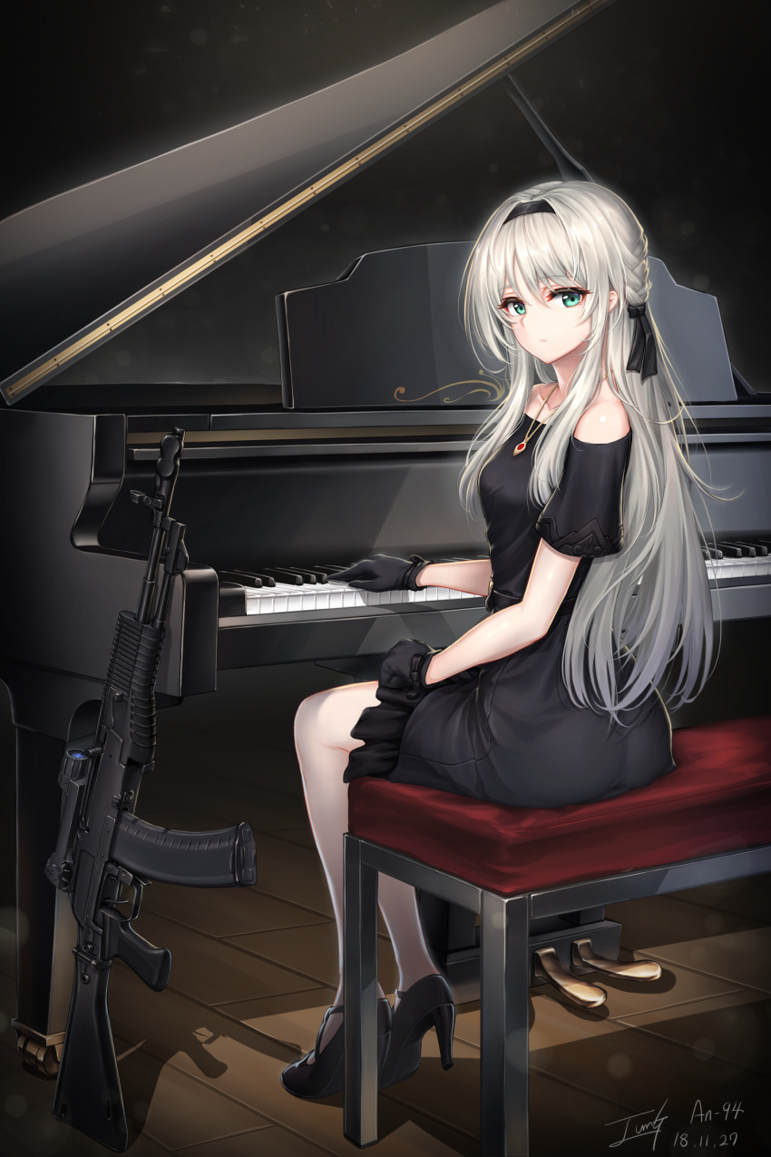 1girl alternate_costume an-94 an-94_(girls_frontline) aqua_eyes assault_rifle baek_hyang bangs black_dress black_footwear black_hairband black_ribbon blush breasts character_name closed_mouth dated dress eyebrows_visible_through_hair from_behind girls_frontline gloves grey_hair gun hair_ribbon hairband high_heels highres instrument jewelry long_hair looking_at_viewer medium_breasts necklace object_namesake off-shoulder_dress off_shoulder piano ribbon rifle sidelocks signature sitting stool weapon
