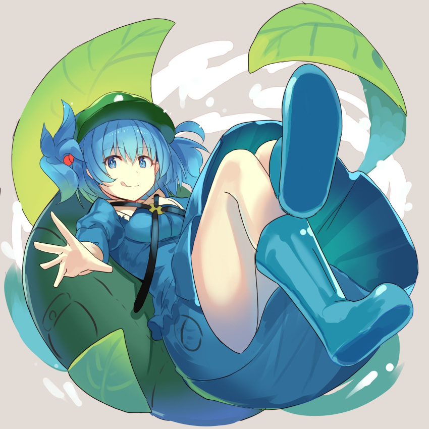 1girl :q backpack bag bangs blue_dress blue_eyes blue_footwear blue_hair boots breasts cabbie_hat commentary_request dress eyebrows_visible_through_hair frilled_shirt_collar frills full_body green_hat grey_background hair_between_eyes hair_bobbles hair_ornament hat highres kawashiro_nitori knees_up leaf looking_at_viewer medium_breasts puffy_short_sleeves puffy_sleeves reaching_out rin_falcon short_hair short_sleeves simple_background smile solo thighs tongue tongue_out touhou two_side_up