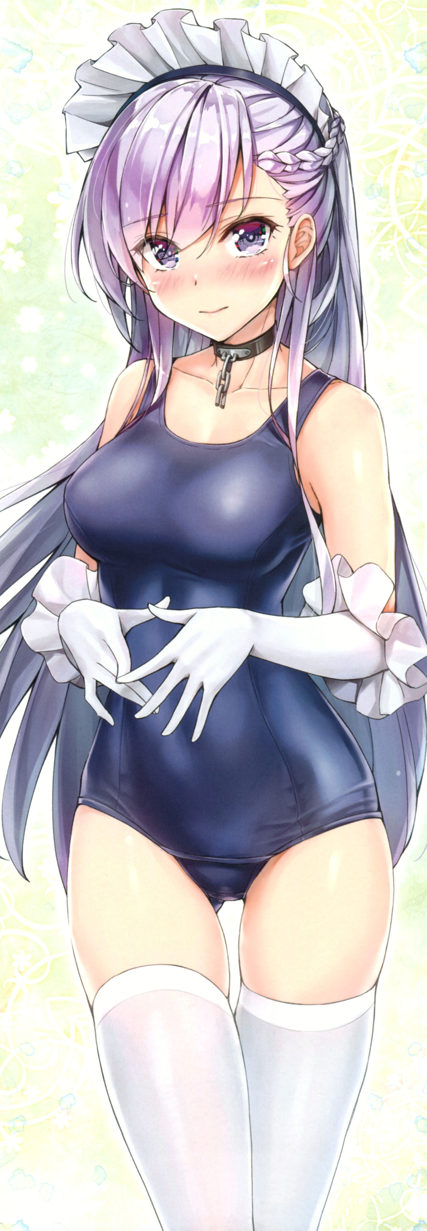 1girl absurdres apron ass_visible_through_thighs azur_lane bangs bare_shoulders belfast_(azur_lane) blue_swimsuit blush braid breasts chains closed_mouth collar collarbone elbow_gloves eyebrows_visible_through_hair french_braid gloves highres kotatsu_(kotatsu358) large_breasts long_hair looking_at_viewer maid one-piece_swimsuit own_hands_together purple_hair scan simple_background solo swimsuit thigh_gap violet_eyes waist_apron white_gloves white_legwear
