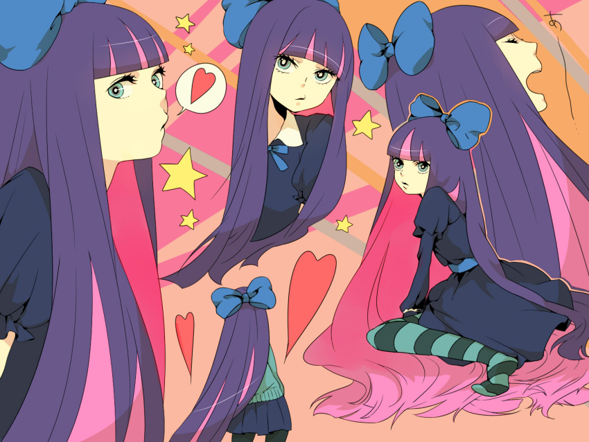 absurdly_long_hair aqua_eyes aqua_sweater bangs blue_dress blue_skirt blunt_bangs bow dress hair_bow heart large_bow long_hair marui_happa panty_&amp;_stocking_with_garterbelt pink_hair purple_hair skirt star stocking_(psg) sweater thigh-highs very_long_hair