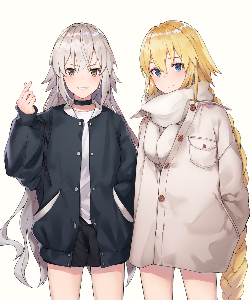 2girls absurdres bangs black_cola black_jacket black_shorts blonde_hair blue_eyes blush braid brown_coat brown_eyes closed_mouth coat commentary english_commentary eyebrows_visible_through_hair fate/grand_order fate_(series) grin hair_between_eyes hand_in_pocket highres jacket jeanne_d'arc_(alter)_(fate) jeanne_d'arc_(fate) jeanne_d'arc_(fate)_(all) long_hair long_sleeves multiple_girls open_clothes open_jacket scarf shirt short_shorts shorts silver_hair single_braid sleeves_past_wrists smile very_long_hair white_scarf white_shirt