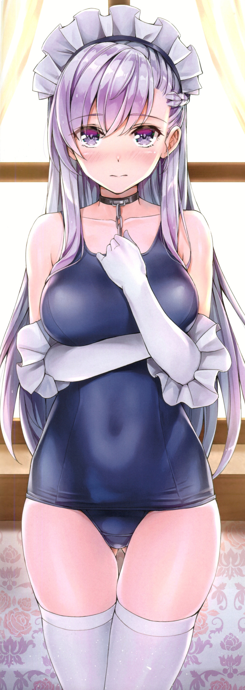 1girl absurdres apron ass_visible_through_thighs azur_lane bangs bare_shoulders belfast_(azur_lane) blue_swimsuit blush braid breasts chains closed_mouth collar collarbone curtains elbow_gloves eyebrows_visible_through_hair floral_print gloves highres indoors kotatsu_(kotatsu358) large_breasts long_hair looking_at_viewer maid maid_headdress one-piece_swimsuit purple_hair scan solo swimsuit violet_eyes waist_apron white_gloves white_legwear window