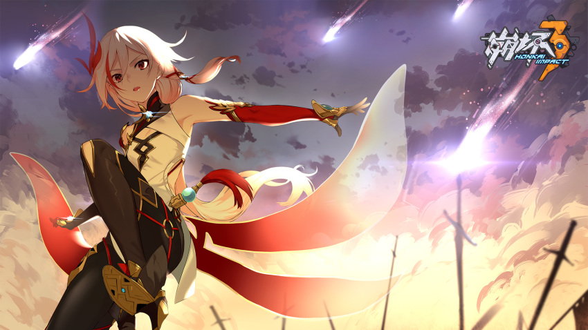 1girl alternate_costume backlighting bangs boots bracelet breasts china_dress chinese_clothes cici cleavage_cutout closed_mouth clouds dress feathers fu_hua_(honkai_impact) glint gold gold_trim gradient_hair hair_between_eyes hair_ornament highres honkai_impact jewelry long_hair looking_at_viewer low_ponytail multicolored_hair phoenix_(honkai_impact) red_eyes redhead silver_hair skindentation small_breasts solo streaked_hair thigh_strap thighlet thighs tied_hair white_background white_dress