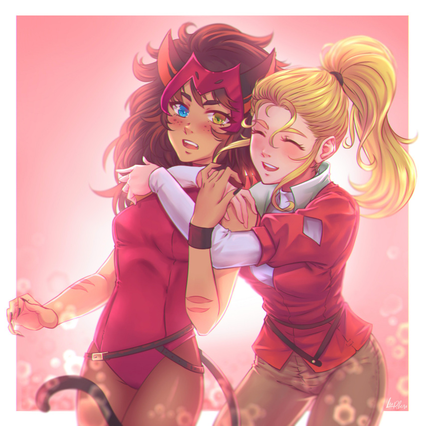 2girls adora animal_ears artist_name bangs belt black_belt black_nails blonde_hair blue_eyes blurry blurry_background blush brown_pants catra closed_eyes dark_skin eyebrows_visible_through_hair fangs fingernails freckles frown hair_pulled_back hair_tie headdress heterochromia highres hug hug_from_behind jacket leaning_forward leonardo_ribeiro leotard long_hair long_sleeves looking_at_viewer multiple_girls nail_polish open_mouth outside_border pants ponytail red_jacket red_leotard sharp_fingernails she-ra_and_princesses_of_power shirt short_over_long_sleeves short_sleeves signature smile standing tail thighs uniform white_shirt wristband yellow_background