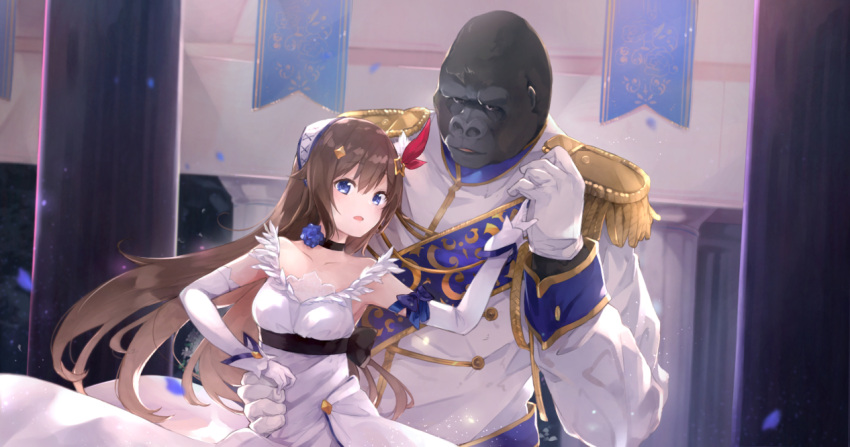 1boy 1girl aiguillette armpits belt black_choker blue_eyes blue_flower blue_petals blush brown_hair choker collarbone dancing dress elbow_gloves epaulettes flower flower_choker gloves gorilla hair_ornament hairclip hand_on_another's_hip hand_on_hip height_difference kase_(kurimuzone_oruta) long_dress long_hair looking_at_viewer military military_uniform open_mouth petals pillar sam_browne_belt sleeveless star star_hair_ornament tokino_sora tokino_sora_channel uniform virtual_gorilla virtual_gorilla_(character) virtual_youtuber white_dress white_gloves white_uniform