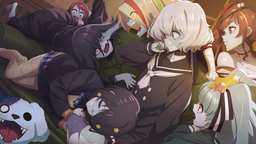 6+girls bajima_shouhei bandage black_hair blonde_hair blue_hair blue_skin bow checkered checkered_kimono clenched_hand couch eyebrows_visible_through_hair facial_scar fangs grabbing grey_hair hair_between_eyes hair_bow hair_ornament hair_over_one_eye hair_ribbon hand_on_another's_shoulder hands_together heart heart_in_mouth highres holding hoshikawa_lily jacket japanese_clothes jewelry kimono konno_junko lap_pillow letterman_jacket long_hair long_sleeves looking_at_viewer low_twintails lying minamoto_sakura mizuno_ai multicolored_hair multiple_girls neck_scar nikaidou_saki open_mouth plaid plaid_skirt pleated_skirt polka_dot ponytail rag reaching_out red_eyes redhead ribbon romero_(zombie_land_saga) scar scared school_uniform short_hair skirt sleeping smile star star_hair_ornament streaked_hair teeth twintails v v-shaped_eyebrows yamada_tae yuugiri_(zombie_land_saga) zombie zombie_land_saga