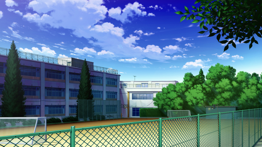 absurdres basketball_court blue_sky branch chain-link_fence clouds day fence highres mitsu_ura no_humans original outdoors pine_tree scenery school sky soccer_field tree