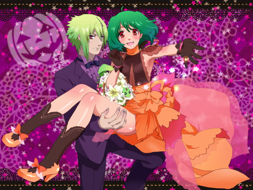 1boy 1girl ahoge ai-kun alternate_costume black_gloves bow bowtie brera_sterne brother_and_sister carrying cero_(cerocero) cleavage_cutout dress flower formal gloves green_hair high_heels highres looking_at_viewer macross macross_frontier nail_polish official_style open_mouth orange_dress outstretched_arm princess_carry ranka_lee red_eyes see-through short_hair siblings smile sparkle tuxedo