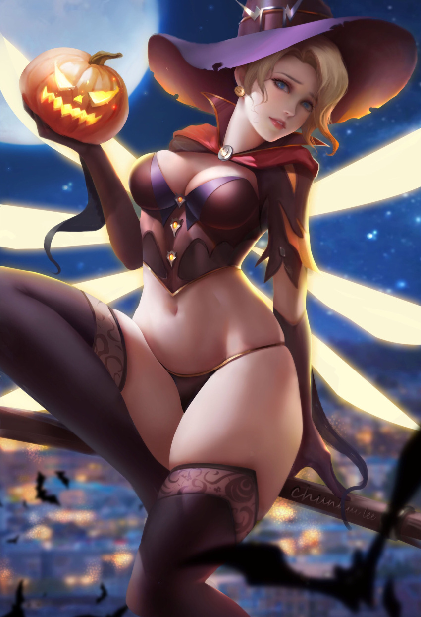 1girl absurdres adapted_costume alternate_costume arm_at_side artist_name blonde_hair blue_eyes breasts broom broom_riding brown_gloves brown_legwear brown_panties cape chunhui_lee cleavage cowboy_shot earrings elbow_gloves gloves glowing glowing_wings halloween halloween_costume hat highres holding jack-o'-lantern jewelry looking_at_viewer mechanical_wings medium_breasts mercy_(overwatch) moon navel no_pants outdoors overwatch panties parted_lips pumpkin realistic short_hair short_sleeves signature sitting smile solo staff thigh-highs underwear upper_teeth wings witch witch_hat witch_mercy yellow_wings