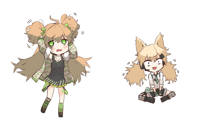 2girls :3 ahoge animal_ears bangs black_dress blonde_hair brown_hair cat_ears chibi collared_shirt d: dress eyebrows_visible_through_hair ganesagi girls_frontline gloves green_eyes green_neckwear headphones idw_(girls_frontline) indian_style long_hair looking_at_viewer microphone multiple_girls necktie open_mouth paint_splatter rfb_(girls_frontline) sanpaku shirt short_dress short_sleeves simple_background sitting slit_pupils socks twintails white_background white_shirt wing_collar