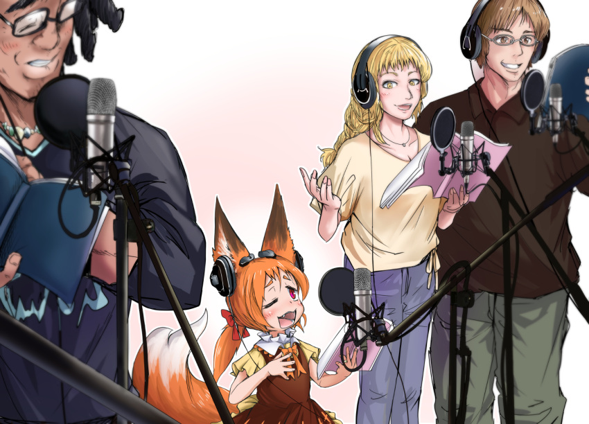 2boys 2girls :d animal_ears blonde_hair book bow brown_dress brown_eyes brown_hair brown_shirt commentary_request doitsuken dress fox_ears fox_tail glasses grey_pants grin hair_bow headphones holding holding_book microphone multiple_boys multiple_girls music neck_ribbon one_eye_closed open_mouth orange_hair orange_neckwear orange_ribbon original pants ponytail pop_filter red_bow red_eyes ribbon shirt short_sleeves singing slit_pupils smile standing tail yellow_eyes yellow_shirt