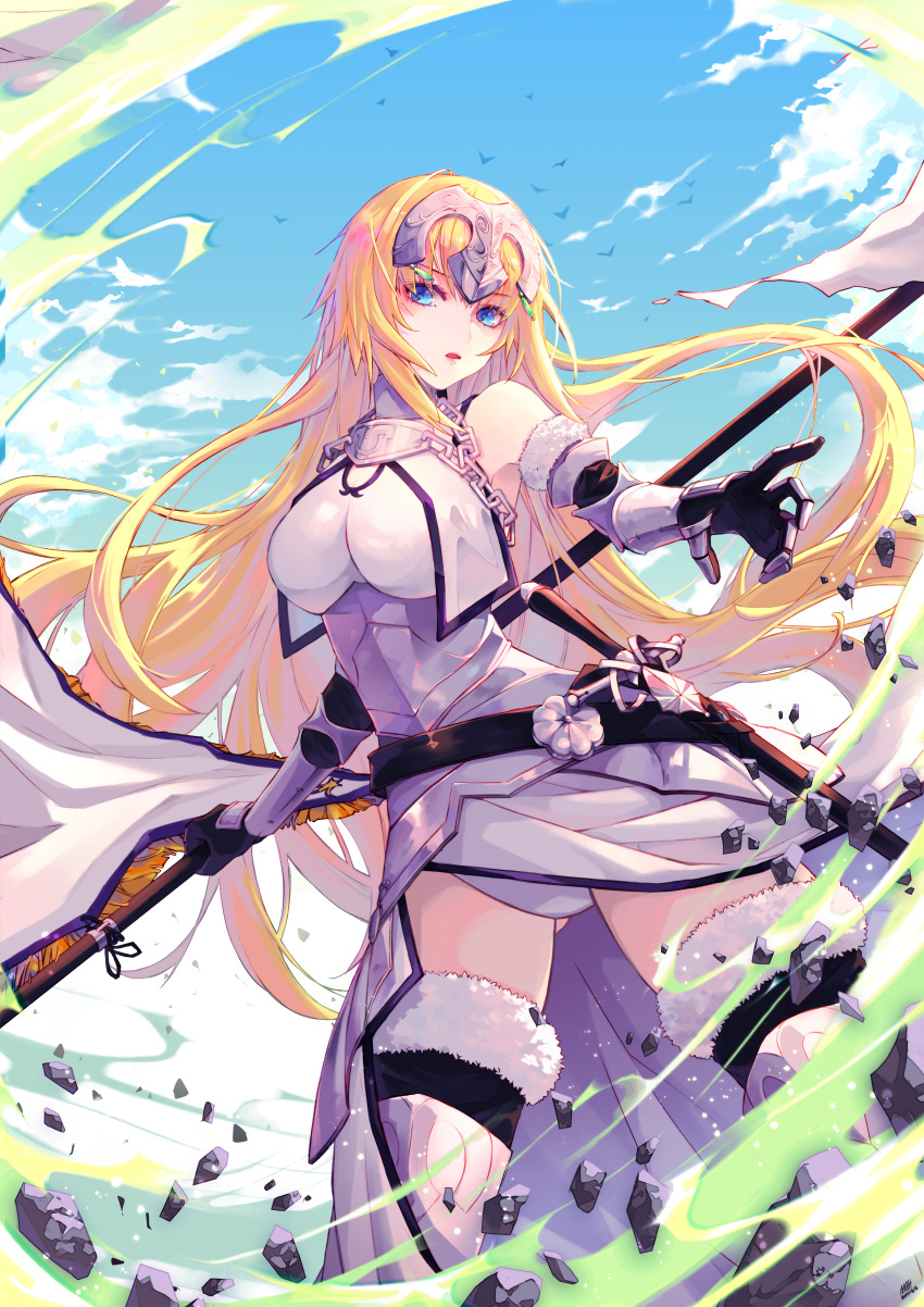 1girl absurdly_long_hair absurdres armor armored_boots armored_dress banner bird black_footwear blonde_hair blue_eyes blue_sky boots breasts clouds day dress eyebrows_visible_through_hair fate/grand_order fate_(series) faulds floating_hair from_below fur_trim gauntlets headpiece highres holding jeanne_d'arc_(fate) jeanne_d'arc_(fate)_(all) jii_dayday large_breasts long_hair open_mouth outdoors panties sheath sky solo standing sword thigh-highs thigh_boots underwear very_long_hair weapon white_dress white_panties