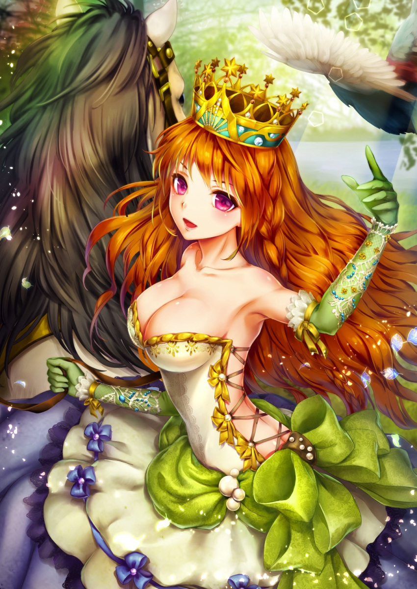 1girl :d backless_dress backless_outfit bare_shoulders bird bow braid breasts cleavage clenched_hand collarbone copyright_request crown dress elbow_gloves gloves green_bow green_gloves hand_up highres horseback_riding koizumi_(sucseed) long_hair medium_breasts official_art open_mouth orange_hair reins riding smile very_long_hair violet_eyes white_dress