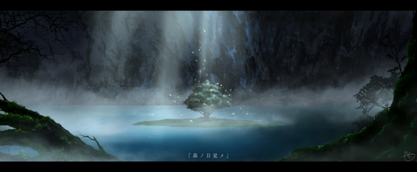 aki_(aki_k6) cave commentary_request grass highres lake letterboxed no_humans original outdoors scenery signature translated tree
