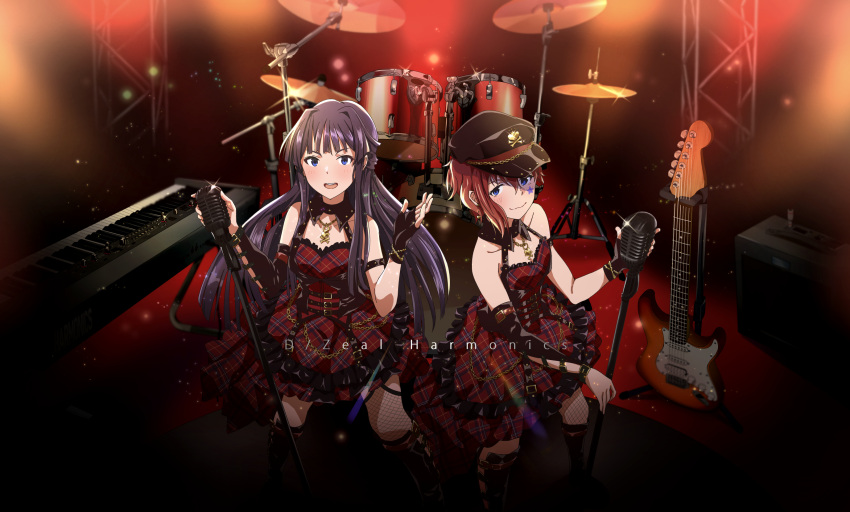 2girls :d amplifier bangs black_hair blue_eyes blush boots bracelet breasts brown_eyes brown_hair chains dress drum drum_set fishnet_legwear fishnets gloves gold guitar hair_ornament highres idolmaster idolmaster_million_live! idolmaster_million_live!_theater_days instrument jewelry jirion julia_(idolmaster) keyboard_(instrument) knee_boots light_particles long_hair looking_at_viewer microphone mogami_shizuka multiple_girls necklace open_mouth redhead short_hair skirt smile star