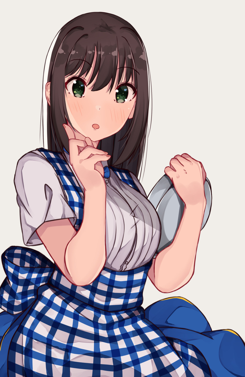 1girl :o absurdres apron bangs blue_skirt blush breasts brown_hair commentary_request dress_shirt eyebrows_visible_through_hair gingham gingham_apron green_eyes grey_background hair_between_eyes hands_up highres holding holding_tray idolmaster idolmaster_cinderella_girls kobeya koubeya_uniform long_hair looking_at_viewer medium_breasts norazura parted_lips shibuya_rin shirt short_sleeves simple_background skirt solo suspender_skirt suspenders tray uniform waist_apron white_shirt