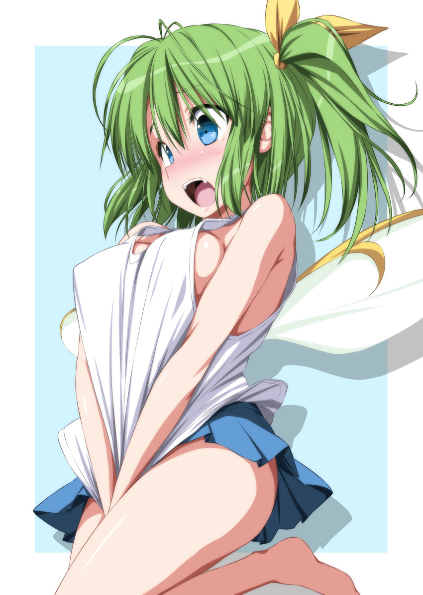 1girl alternate_costume bare_arms bare_legs bare_shoulders barefoot blue_background blue_eyes blue_skirt blush breasts clothes_tug covered_nipples daiyousei embarrassed fairy_wings green_hair hair_between_eyes hair_ribbon highres large_breasts leg_lift long_hair miniskirt no_bra nori_tamago nose_blush open_mouth ribbon side_ponytail skirt solo tank_top touhou two-tone_background white_background white_tank_top wings yellow_ribbon