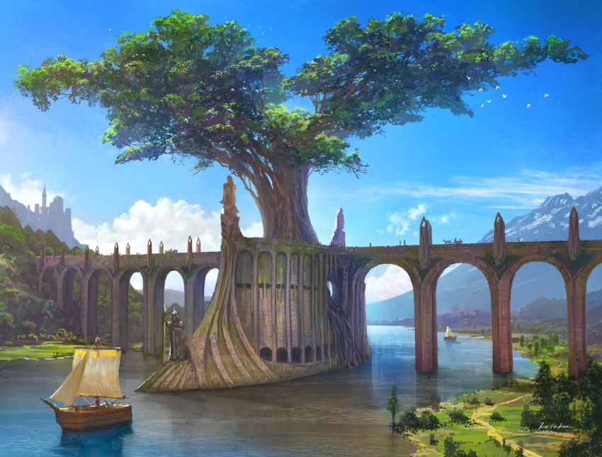 animal arch artist_name bird blue_sky bridge building cart castle clouds cloudy_sky commentary_request day fantasy flock giant_tree highres horse k-takano lake medieval mountain original outdoors path reflection road sail scenery ship signature sky statue tree water watercraft