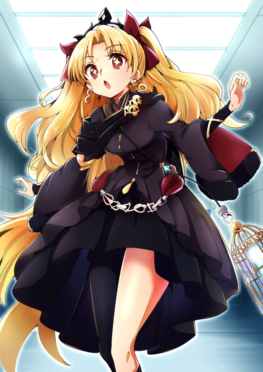 baba_(baba_seimaijo) bangs birdcage black_dress blonde_hair cage commentary_request dress earrings ereshkigal_(fate/grand_order) fate/grand_order fate_(series) hair_ribbon highres jewelry long_hair mismatched_legwear open_mouth parted_bangs red_eyes red_ribbon ribbon skull tiara two_side_up