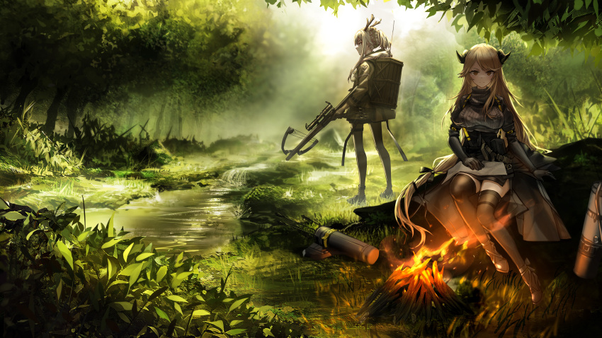 &gt;:) 2girls absurdres antlers aran_sweater arknights arm_support arrow black_footwear black_gloves black_skirt bow_(weapon) breasts brown_eyes brown_hair brown_jacket brown_legwear burning campfire closed_mouth commentary_request crossbow curled_horns day elbow_gloves fire firewatch_(arknights) forest gloves grey_sweater high_heels highres holding holding_crossbow jacket long_hair long_sleeves looking_at_viewer medium_breasts meteorite_(arknights) multiple_girls nature outdoors pantyhose ponytail puffy_short_sleeves puffy_sleeves quiver ribbed_sweater scope shoes short_sleeves sidelocks sitting skirt smile sunlight sweater thigh-highs tree turtleneck turtleneck_sweater very_long_hair weapon wu_lun_wujin