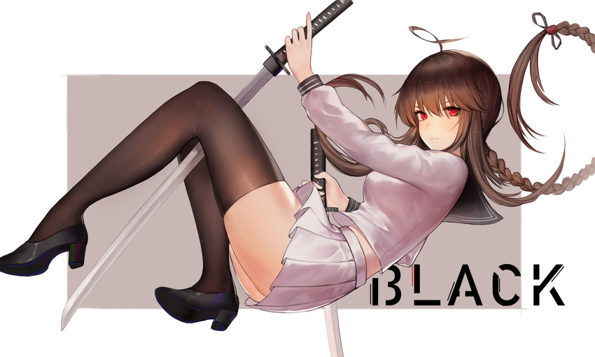 1girl ahoge arm_up ass bangs between_legs black_footwear black_legwear black_sailor_collar blush braid breasts closed_mouth copyright_request dual_wielding from_side full_body hair_ribbon highres holding holding_sword holding_weapon katana long_hair long_sleeves looking_at_viewer looking_to_the_side medium_breasts miniskirt pleated_skirt pre_(17194196) red_ribbon ribbon sailor_collar school_uniform serafuku shirt shoes single_braid skirt solo sword thigh-highs two-tone_background very_long_hair weapon white_shirt white_skirt