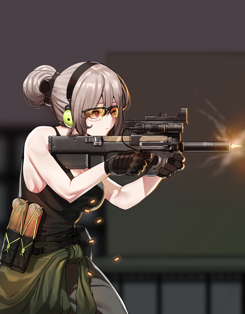 1girl absurdres aiming bangs blurry blurry_background breasts bullpup cleavage clothes_around_waist colored_lenses commentary_request double_bun firing girls_frontline gloves green_jacket gun hair_ornament headphones highres holding holding_gun holding_weapon ihobus jacket jacket_around_waist korean_commentary light_brown_hair magazine_(weapon) medium_breasts one_eye_closed orange-tinted_eyewear p90 p90_(girls_frontline) pants semi-rimless_eyewear shell_casing sidelocks solo submachine_gun sunglasses suppressor tank_top tinted_eyewear weapon
