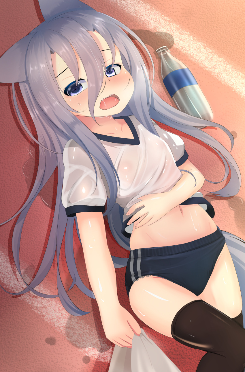 1girl absurdres animal_ears black_legwear blue_buruma bottle buruma dog_ears dog_tail gym_uniform hand_on_own_stomach highres hotel01 lifted_by_self long_hair lying navel on_back on_floor open_mouth original panties panties_under_buruma panty_peek purple_hair shirt shirt_lift solo tail thigh-highs towel underwear violet_eyes white_panties white_shirt