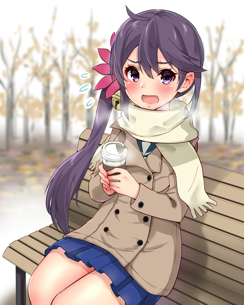 1girl absurdres akebono_(kantai_collection) autumn autumn_leaves bell bench blue_skirt blurry brown_coat coat coffee_cup commentary_request cup depth_of_field disposable_cup flower flying_sweatdrops hair_bell hair_between_eyes hair_flower hair_ornament highres jingle_bell kantai_collection kneehighs long_hair looking_at_viewer miniskirt open_mouth outdoors pink_lips pleated_skirt purple_hair sarfata scarf school_uniform serafuku side_ponytail sitting skirt steam very_long_hair violet_eyes wavy_mouth white_scarf