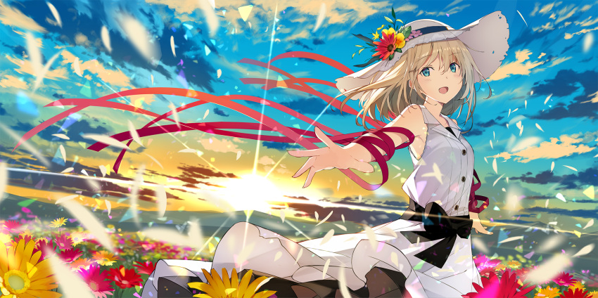 1girl :d armpit_peek armpits black_bow blue_eyes bow commentary dress field flower flower_field hat hat_flower highres light_brown_hair looking_at_viewer medium_hair open_mouth original outdoors outstretched_arms red_ribbon ribbon sky smile solo spread_arms sunrise sutorora white_dress