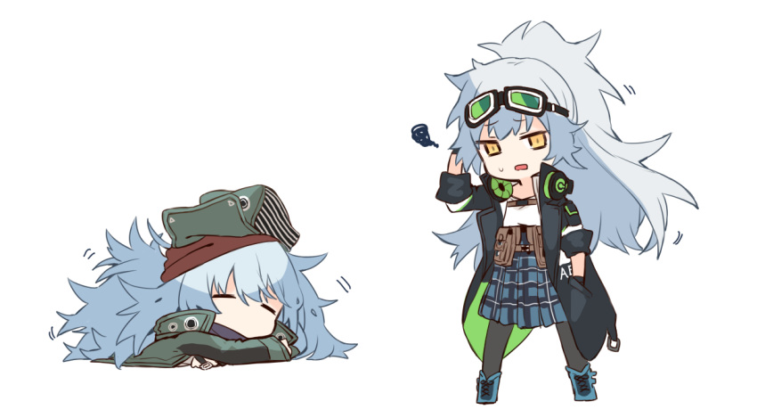 2girls =_= aek-999_(girls_frontline) big_hair black_coat blue_footwear blue_hair blue_skirt boots chibi closed_eyes coat d: g11_(girls_frontline) ganesagi girls_frontline goggles goggles_on_head grey_legwear hand_up hat long_hair long_sleeves multiple_girls open_clothes open_coat open_mouth pantyhose plaid pleated_skirt pouch simple_background skirt sleeping squiggle standing sweatdrop white_background yellow_eyes