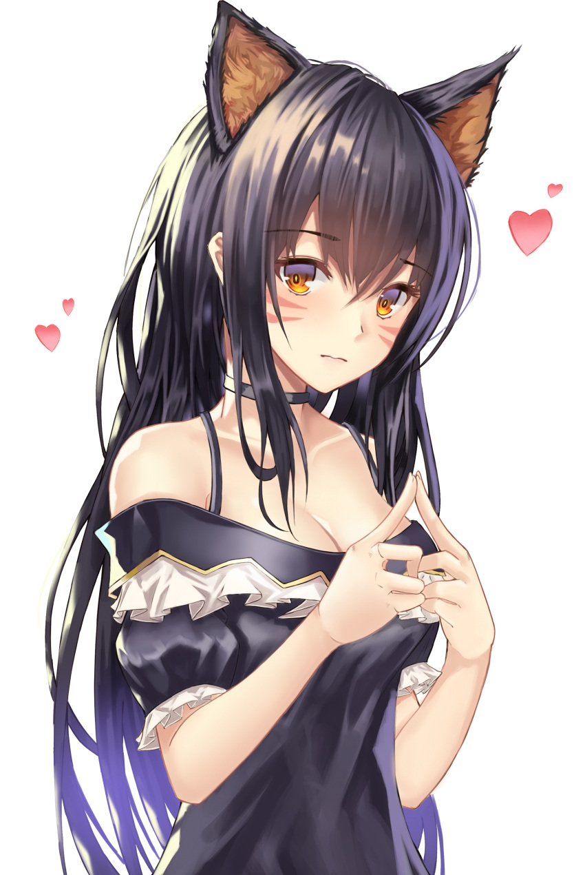 1girl absurdres animal_ears bangs bare_shoulders black_choker black_dress black_hair breasts cat_ears choker cleavage closed_mouth commentary_request cup6542 dress expressionless extra_ears eyebrows_visible_through_hair facial_mark fingers_together frills hair_between_eyes hands_up heart highres large_breasts long_hair looking_at_viewer off_shoulder original puffy_short_sleeves puffy_sleeves short_sleeves sidelocks simple_background solo spaghetti_strap upper_body white_background yellow_eyes