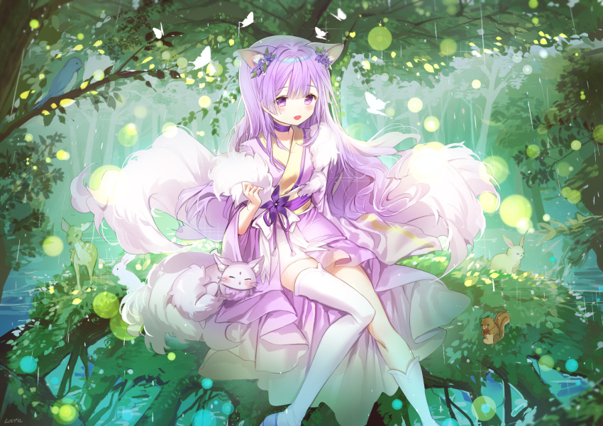 1girl :d animal animal_ear_fluff animal_ears asymmetrical_legwear bird bluebird blush choker commission day fawn fox fox_ears fox_girl fox_tail fur_trim highres japanese_clothes kimono kitsune kneehighs long_hair mullpull open_mouth original outdoors purple_choker purple_hair purple_kimono rabbit rain single_kneehigh single_thighhigh sitting smile solo squirrel tail thigh-highs tree very_long_hair violet_eyes water white_legwear