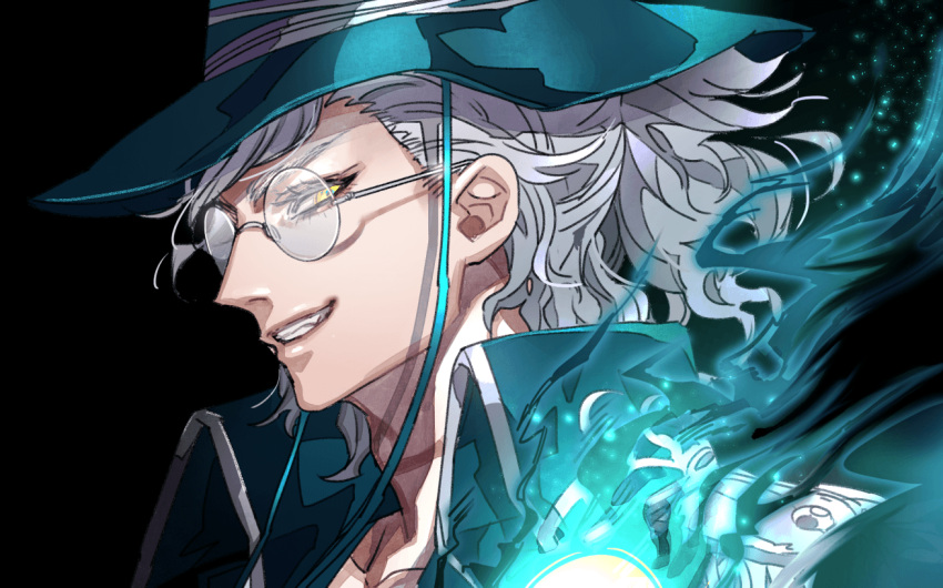 1boy character_request coat collared_coat fate/grand_order fate_(series) fire glasses green_coat green_hat grey_hair grin hat male_focus portrait round_eyewear smile solo tenobe yellow_eyes