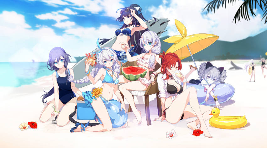 6+girls absurdres adjusting_eyewear ahoge alternate_costume ankle_ribbon aqua_bikini armpits ass ball bangle bangs bare_shoulders barefoot beach beach_umbrella beachball bikini black_bikini blue_bikini blue_bow blue_eyes blue_footwear blue_ribbon blue_sarong blue_sky blue_swimsuit blurry blurry_background blush bow bracelet braid breasts bronya_zaychik brown_footwear cecilia_shania chair choker cici cleavage closed_mouth clothes_writing collarbone cooler crossed_bangs cup day drill_hair eyebrows_visible_through_hair eyewear_on_head feet floral_print flower food frilled_bikini frills fruit fu_hua_(honkai_impact) hair_between_eyes hair_bow hair_ornament hair_over_shoulder hairband hairclip hibiscus highres holding holding_cup holding_food holding_innertube holding_spoon holding_surfboard honkai_impact innertube jewelry kallen_kaslana kiana_kaslana knee_up large_breasts lavender_eyes lavender_hair licking_lips long_hair looking_at_viewer lying medium_breasts mole mole_on_breast multiple_girls murata_himeko neck_ribbon neckerchief necklace ocean official_art on_stomach one-piece_swimsuit one_eye_closed open_mouth outdoors palm_tree parted_bangs parted_lips pendant pink_neckwear ponytail popsicle purple_hair raiden_mei redhead ribbon sand sandals sarong school_swimsuit see-through shirt side_braid sidelocks silver_hair sitting sky sleeve_cuffs small_breasts smile source_request spoon star star_hair_ornament sunflower sunglasses swimsuit theresa_apocalypse tied_hair tied_shirt tongue tongue_out tree twin_braids twin_drills twintails umbrella very_long_hair violet_eyes watermelon white_bow white_shirt wing_collar wristband yellow_eyes
