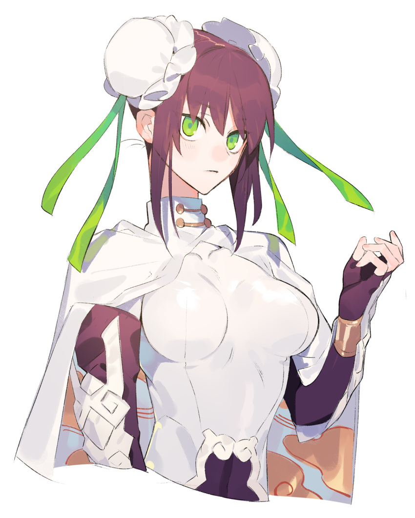 10r_(tulipano) 1girl bodysuit breasts brown_hair bun_cover cape chinese_clothes closed_mouth covered_navel double_bun dress fate/grand_order fate_(series) fingerless_gloves gloves green_eyes green_ribbon hair_ornament hair_ribbon highres looking_at_viewer medium_breasts qin_liangyu_(fate/grand_order) ribbon short_hair simple_background solo white_background white_dress