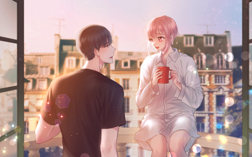 1boy :d androgynous balcony black_shirt blurry blurry_background brown_eyes brown_hair building cup day eye_contact holding holding_cup hsmoji lens_flare looking_at_another mug open_mouth original oversized_clothes red_eyes shirt short_hair smile white_shirt window