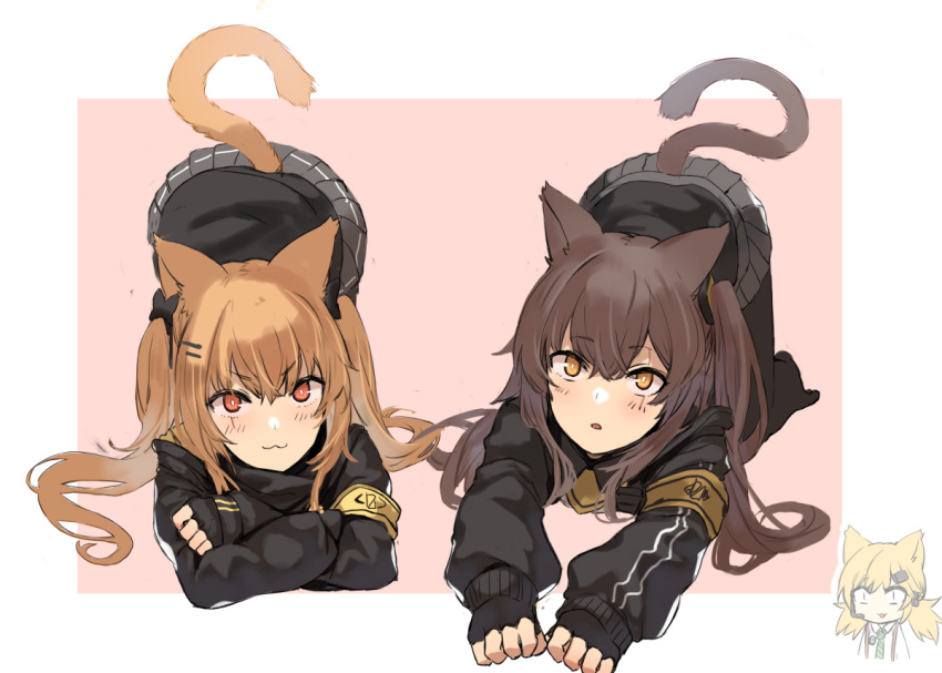 3girls :3 :o animal_ears bangs black_bow black_gloves black_jacket bow bright_pupils brown_hair cat_ears cat_tail eyebrows_visible_through_hair fingerless_gloves ganesagi girls_frontline gloves grey_skirt hair_bow hair_ornament hairband hairclip idw_(girls_frontline) jacket kemonomimi_mode light_brown_hair long_sleeves looking_at_viewer multiple_girls one_side_up parted_lips pink_background pleated_skirt red_eyes scar scar_across_eye siblings simple_background sisters skirt tail top-down_bottom-up two_side_up ump45_(girls_frontline) ump9_(girls_frontline) yellow_eyes