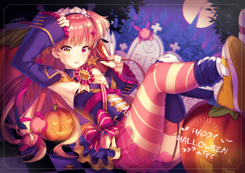 1girl :p absurdres armpits asymmetrical_legwear blurry blurry_background candy depth_of_field detached_sleeves english eyebrows_visible_through_hair fingernails flat_chest food full_moon hair_ornament hairclip halloween hand_up happy_halloween headdress heterochromia highres ichiren_namiro jack-o'-lantern lollipop long_hair looking_at_viewer moon multicolored multicolored_nails nail_polish orange_hair original red_eyes red_ribbon ribbon smile solo striped striped_legwear stuffed_animal stuffed_bunny stuffed_toy tombstone tongue tongue_out two_side_up w yellow_eyes