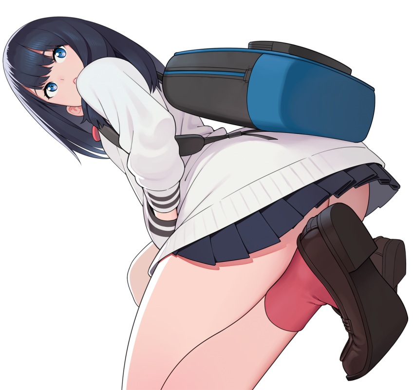 1girl :&lt; ass bag bangs black_hair black_skirt blue_eyes bow bowtie cardigan closed_mouth commentary_request eyebrows_visible_through_hair from_below from_side go_robots hand_in_pocket highres loafers long_hair long_sleeves looking_back pleated_skirt red_legwear school_uniform shirt shoes shoulder_bag simple_background skirt socks solo squatting ssss.gridman takarada_rikka white_background white_cardigan white_shirt