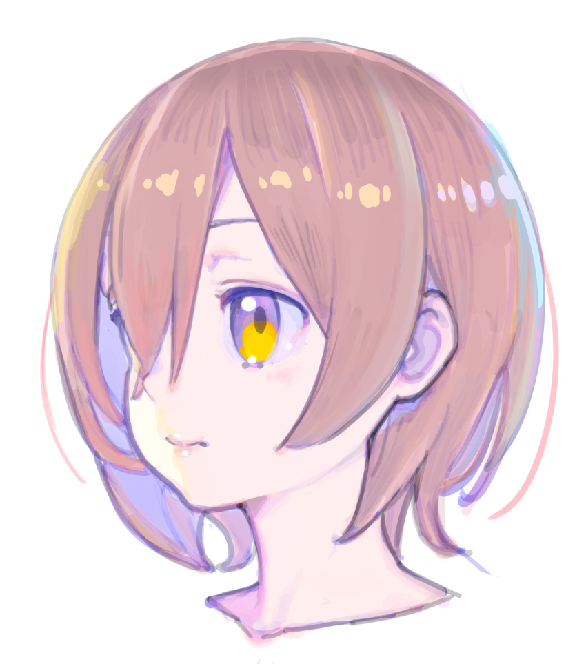 1girl absurdres brown_hair closed_mouth hair_over_one_eye highres multicolored multicolored_eyes nagisa_kurousagi one_eye_covered portrait roboco-san roboco_ch. short_hair simple_background solo violet_eyes virtual_youtuber white_background yellow_eyes