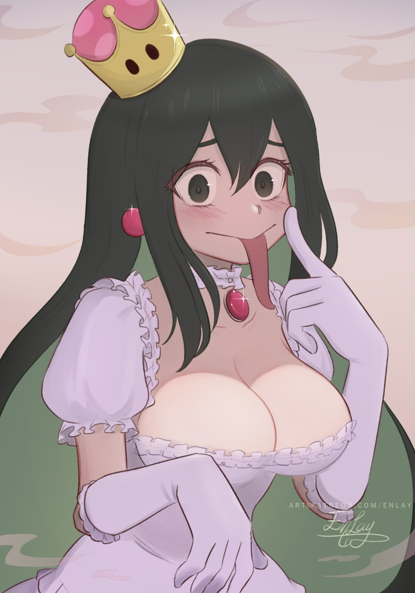 1girl artist_name asui_tsuyu black_eyes black_hair blush boku_no_hero_academia breasts cleavage commentary cosplay crown dress english_commentary enlay gloves green_hair highres jewelry large_breasts long_hair long_tongue looking_at_viewer mini_crown multicolored_hair pendant princess_king_boo princess_king_boo_(cosplay) signature solo super_crown tilted_headwear tongue tongue_out two-tone_hair very_long_hair white_dress white_gloves