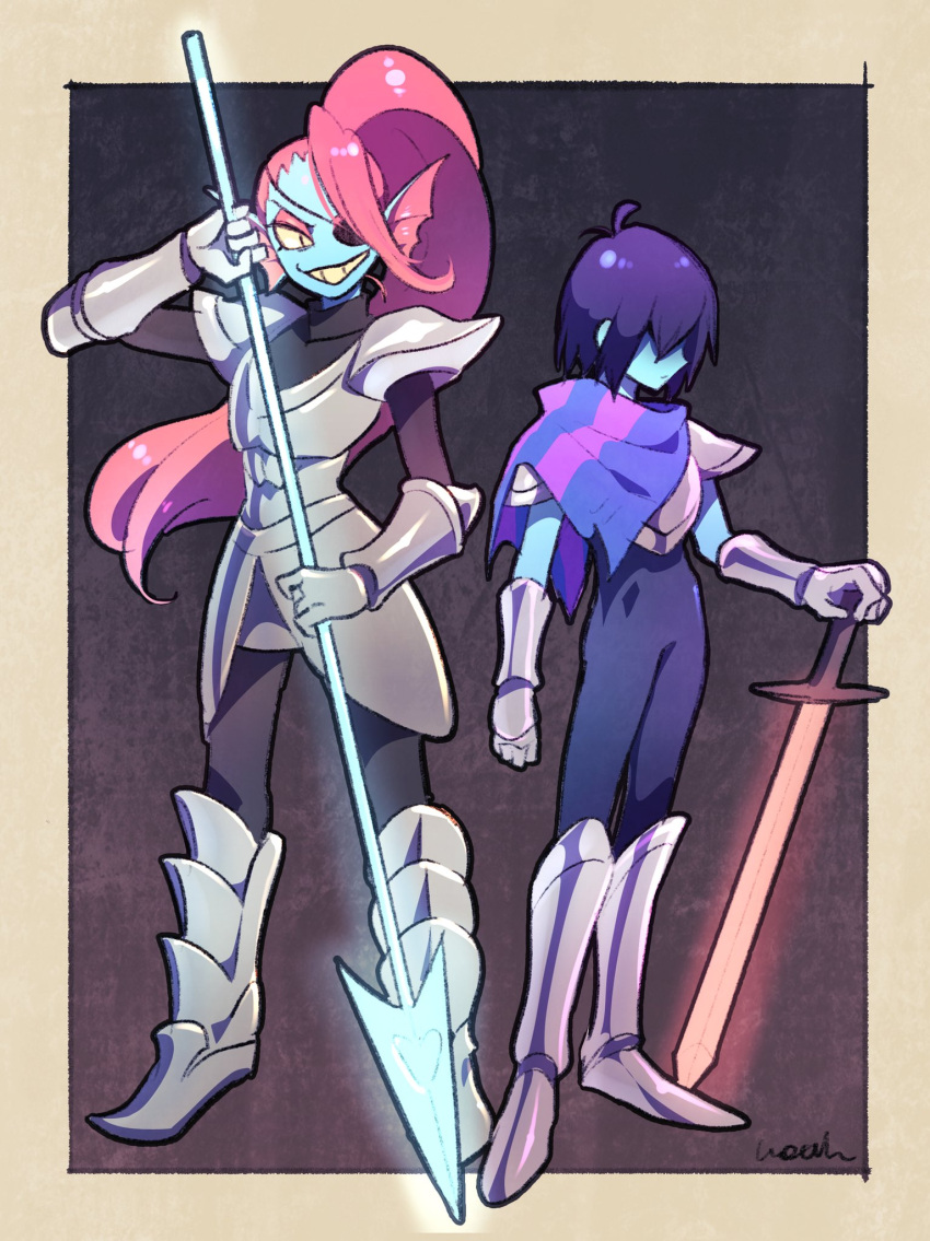 1girl 1other androgynous blue_skin deltarune eyepatch hair_over_eyes hair_over_one_eye head_fins highres kris_(deltarune) long_hair looking_at_viewer monster_girl noaharbre pink_scarf ponytail redhead scarf sharp_teeth simple_background smile sword teeth undertale undyne weapon yellow_sclera